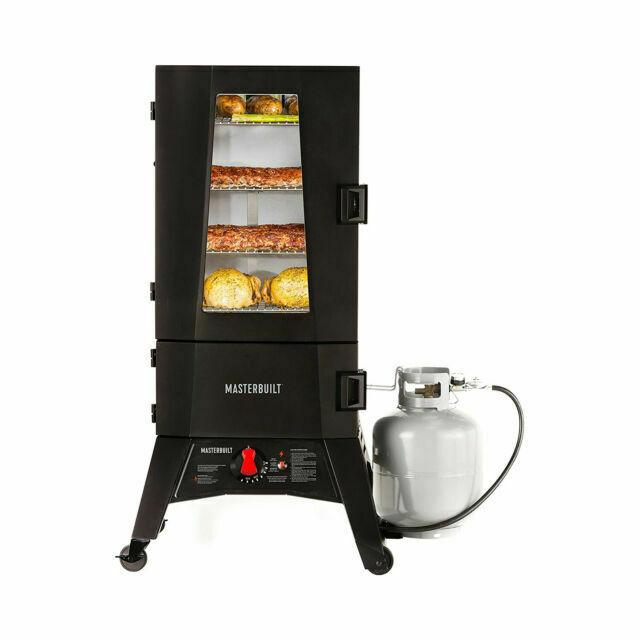 Propane Smoker,Thermostat Control, 40 Inch, chrome-coated Smoking Racks, Black.