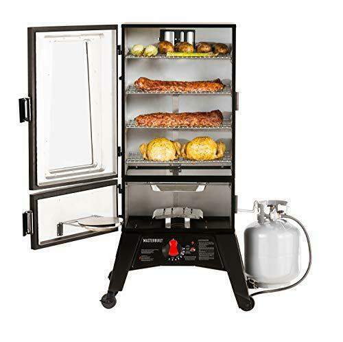 Propane Smoker,Thermostat Control, 40 Inch, chrome-coated Smoking Racks, Black.