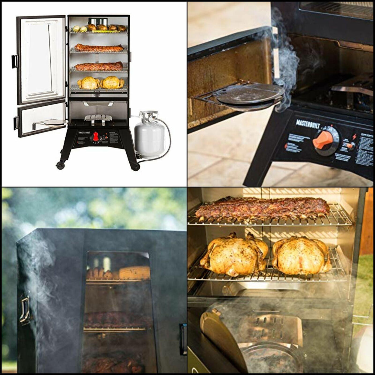 Propane Smoker,Thermostat Control, 40 Inch, chrome-coated Smoking Racks, Black.
