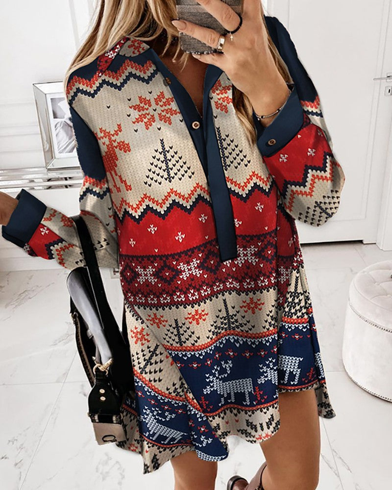 Christmas Print Buttoned Shirt Dress