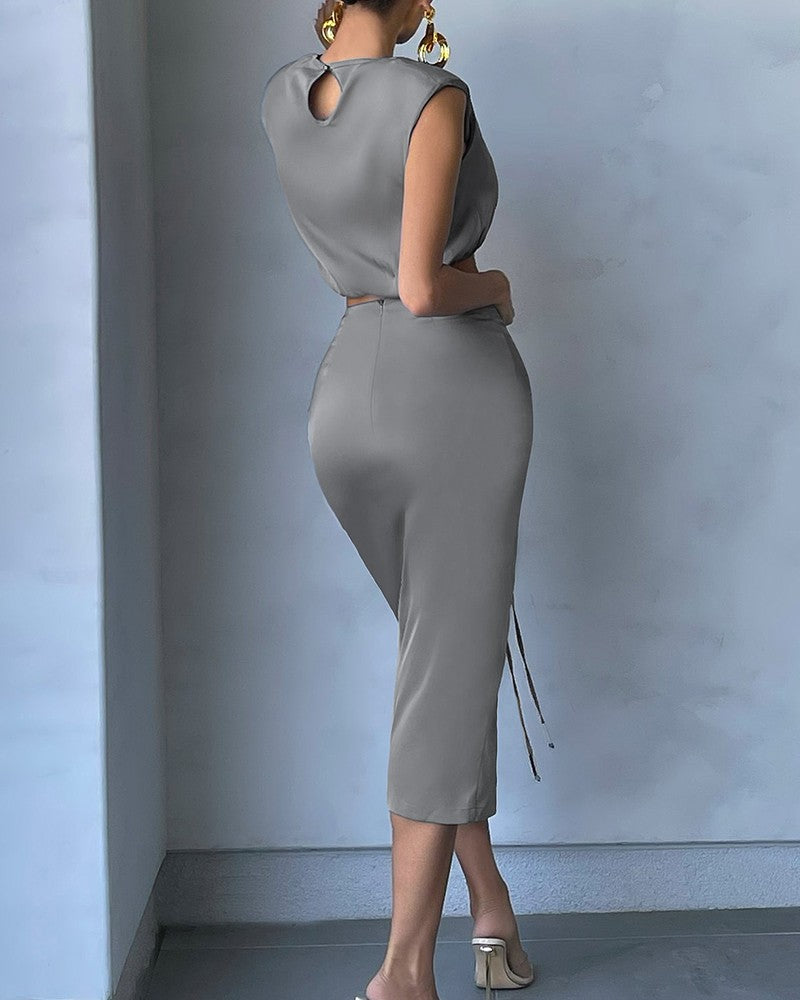 Keyhole Back Crop Tank Top & Drawstring Ruched Split Thigh Skirt Set
