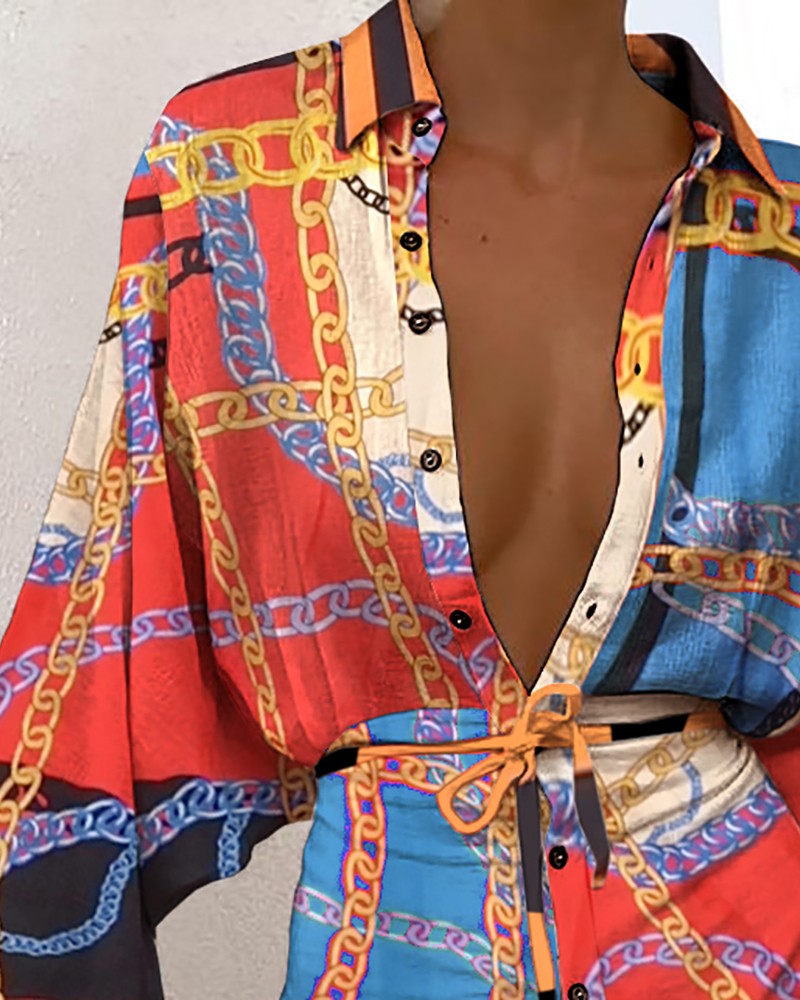 Scarf Print Button Design Long Sleeve Shirt Dress