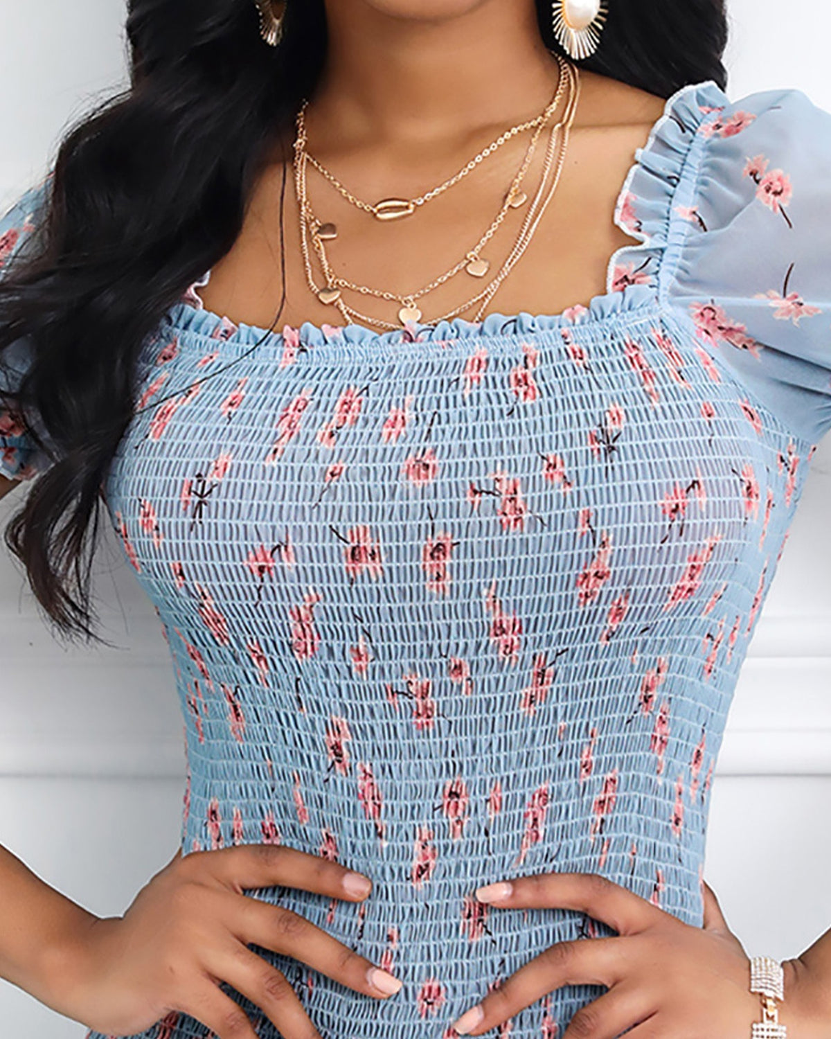 Floral Print Ruffle Trim Mini Women Dress