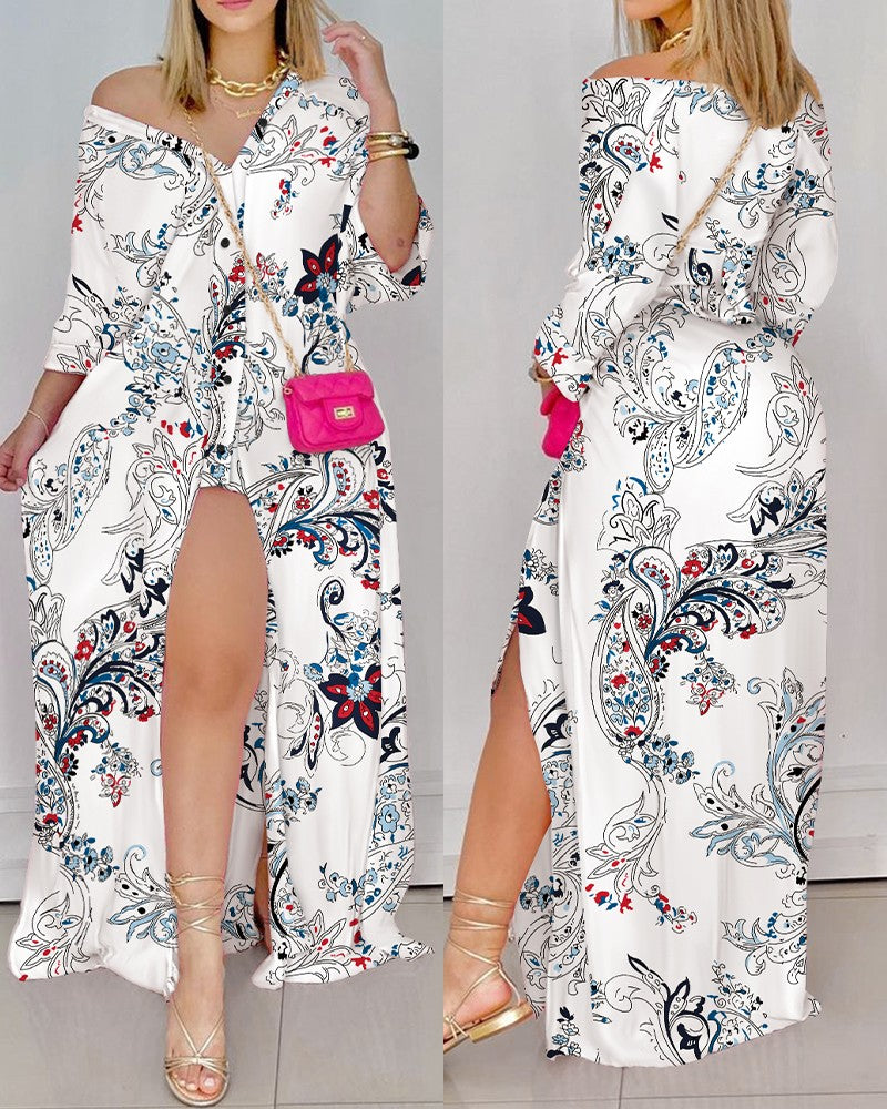 Floral Print Button Up High Slit Shirt Dress 3/4 Sleeve Maxi Dress