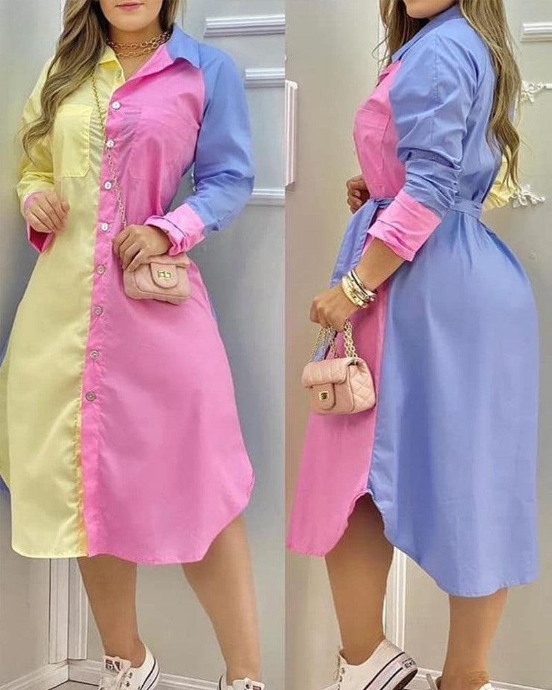 Color Button Front Logn Sleeve Slit Shirt Dress