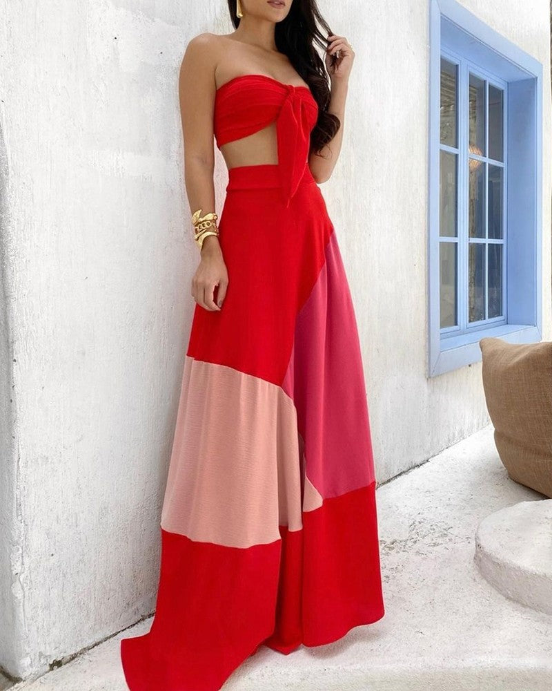 Plain Kd Bandeau Top & Color Maxi Skirt Set