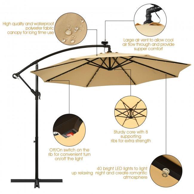 10 Ft Solar LED Offset Umbrella with 40 Lights and Cross