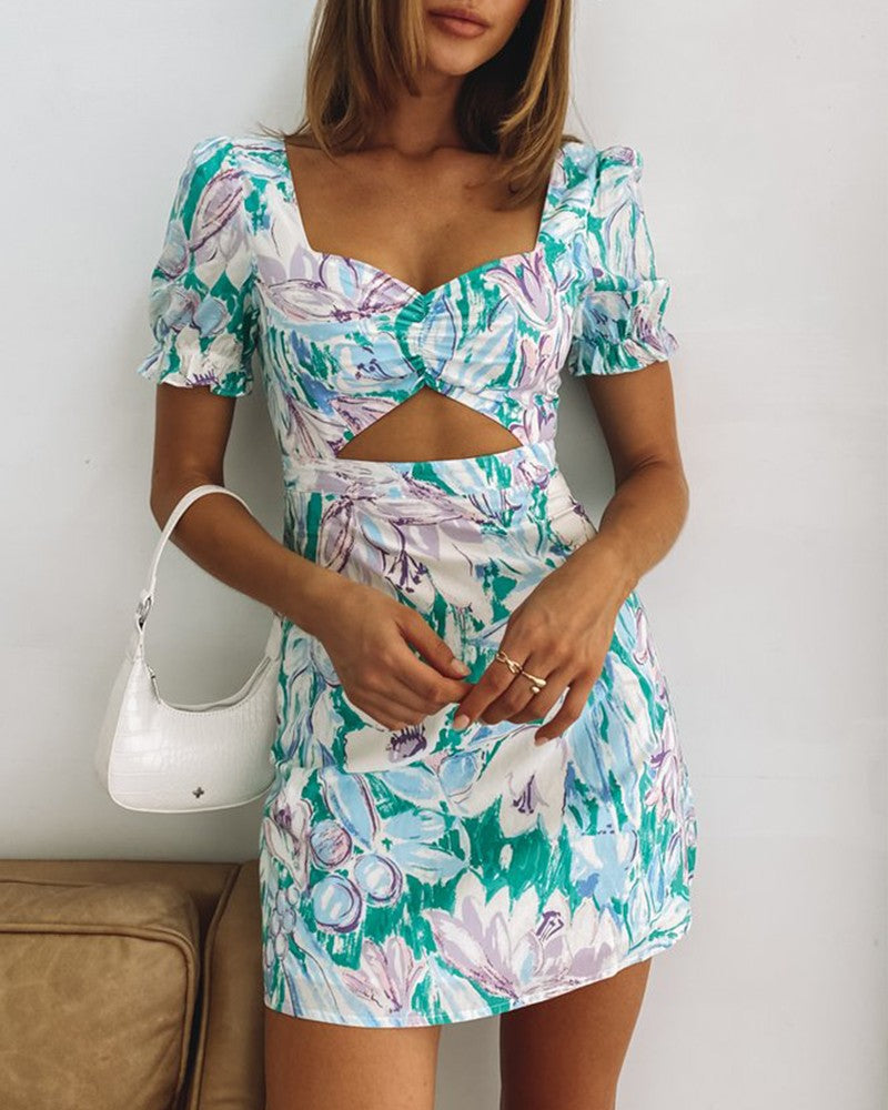 Floral Print Short Sleeve Cut-out ny Women Dress