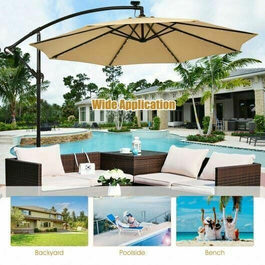 Modern 10 ' Solar LED Offset Umbrella w/40 Lights & Cross Base for Patio-Beige