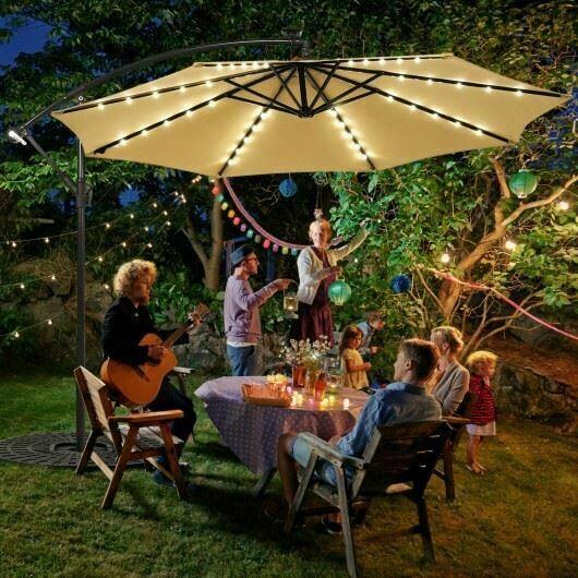 Modern 10 ' Solar LED Offset Umbrella w/40 Lights & Cross Base for Patio-Beige