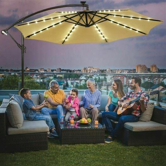 Modern 10 ' Solar LED Offset Umbrella w/40 Lights & Cross Base for Patio-Beige