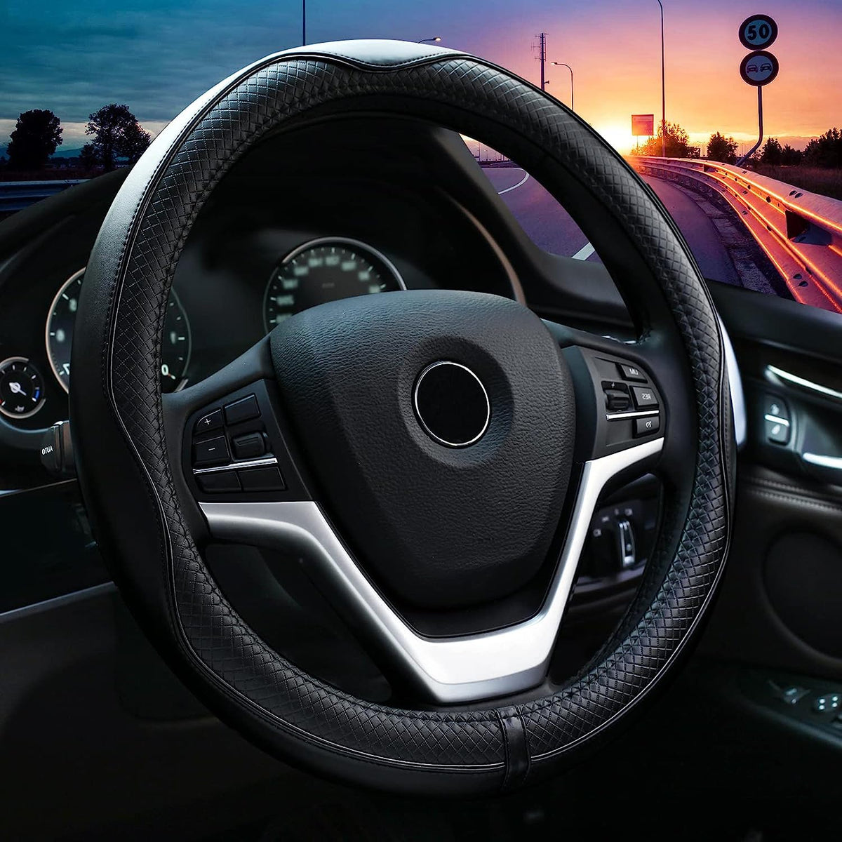 Valleycomfy Steering Wheel Covers Universal 15.75 inch - Genuine Leather, Breathable, Anti Slip &amp; Odor (Black with Black Lines, L(15" 1/2-16"))