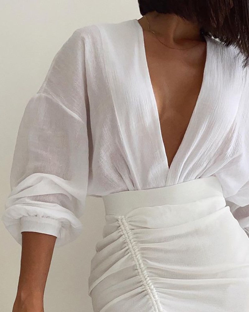 Plunge Long Sleeve Top & Drawstring Slit Skirt Set