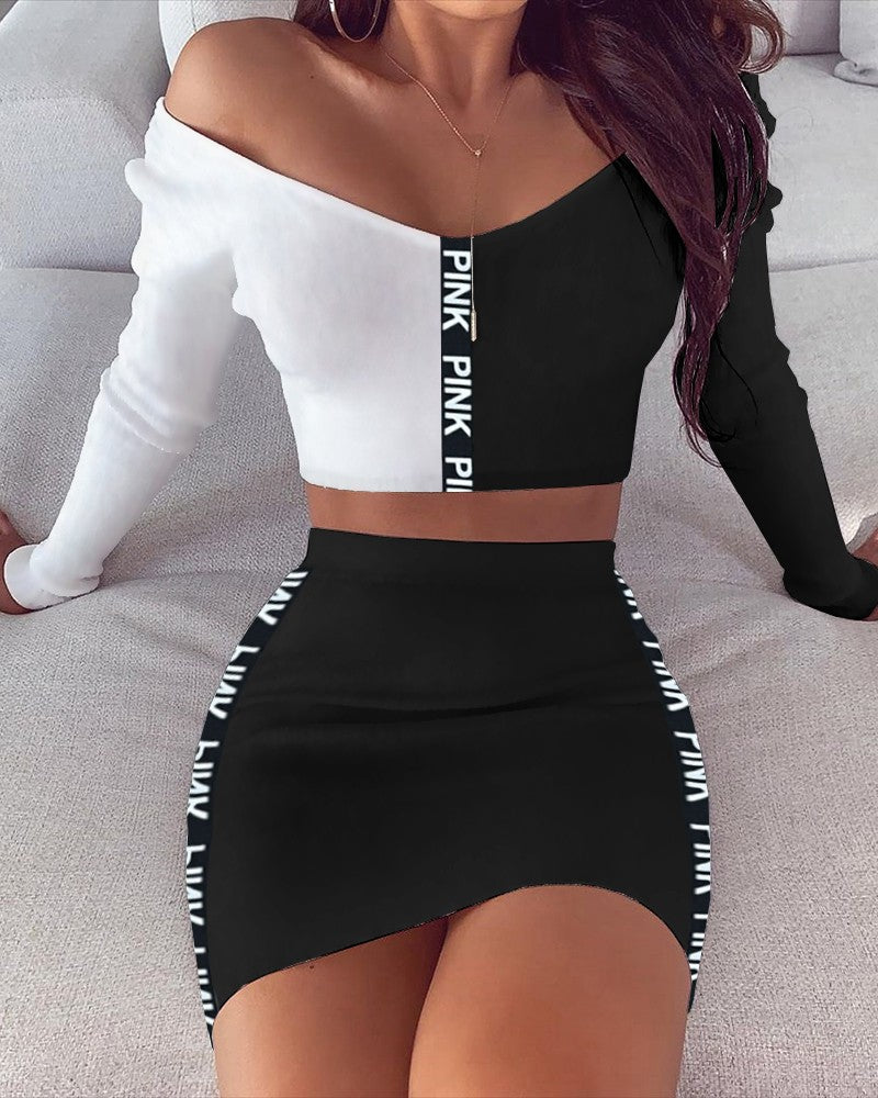 Color Tape Design Long Sleeve Crop Top & High Waist Skirt Sets