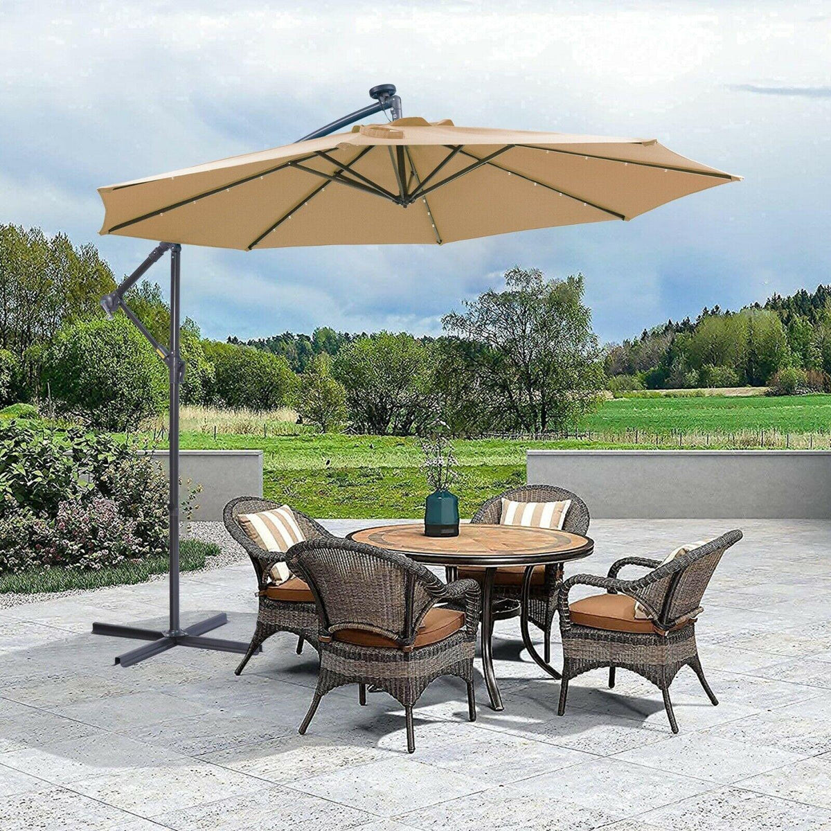 10 FT Solar LED Hanging Cantilever Umbrella Offset w/ 32 LED Lights
