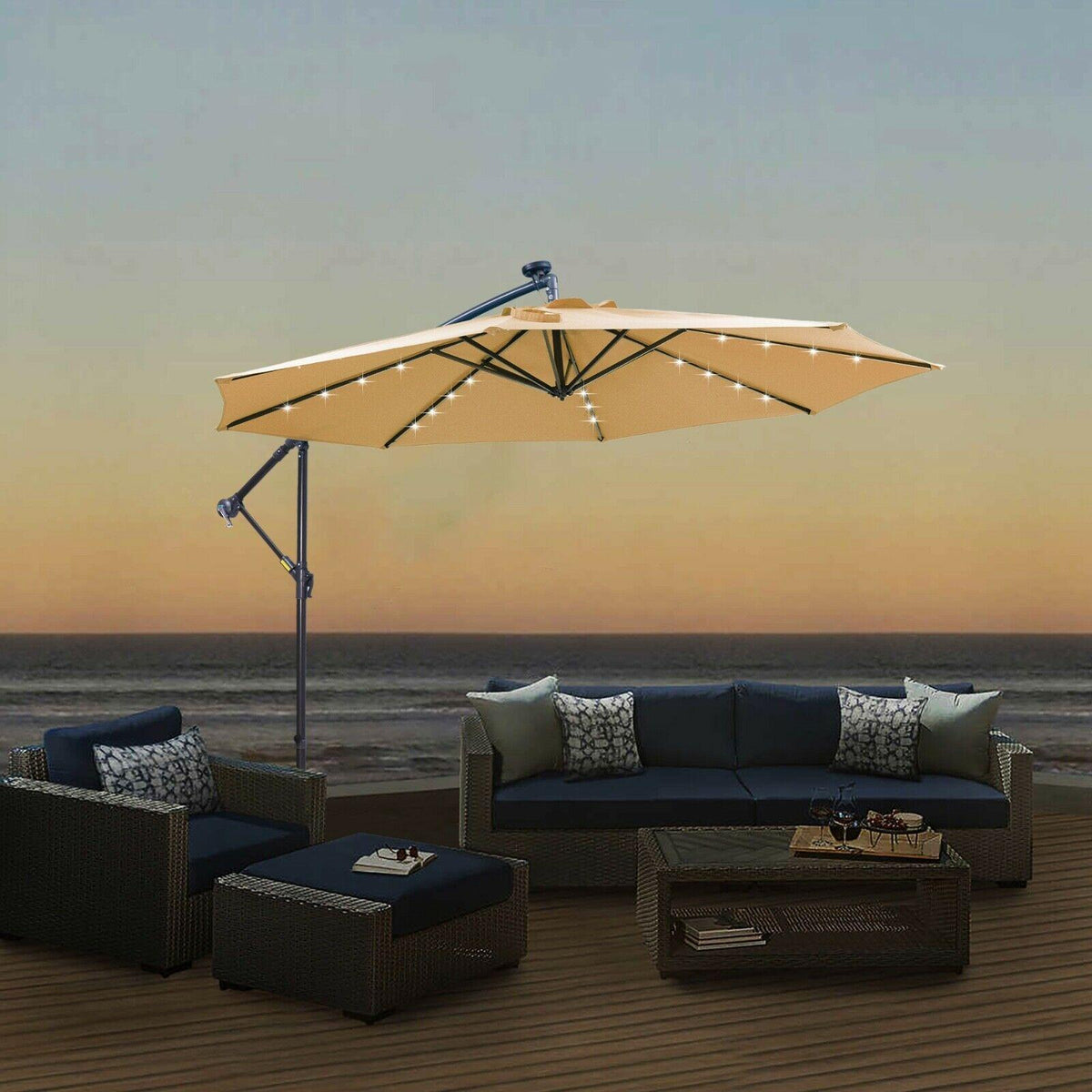 10 FT Solar LED Hanging Cantilever Umbrella Offset w/ 32 LED Lights