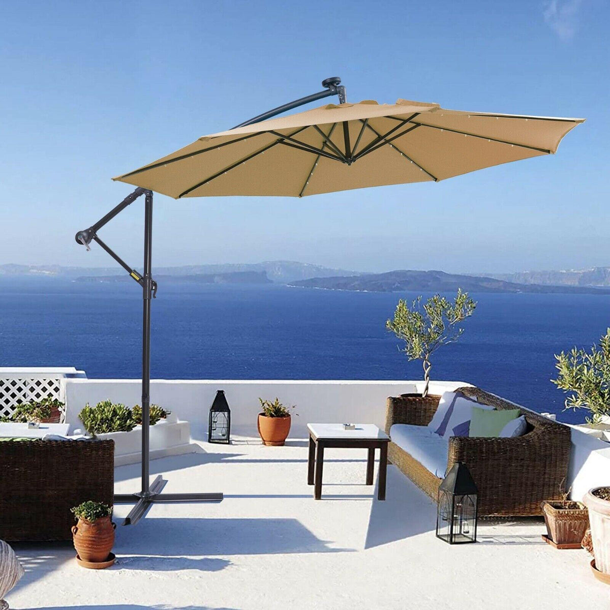 10 FT Solar LED Hanging Cantilever Umbrella Offset w/ 32 LED Lights