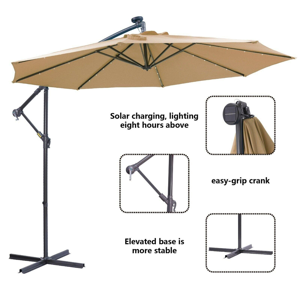 10 FT Solar LED Hanging Cantilever Umbrella Offset w/ 32 LED Lights