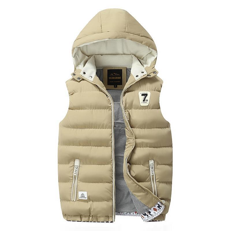 Men Winter Vests Hat Detachable Down Vest Casual Waistcoat Sleeveless Jackets