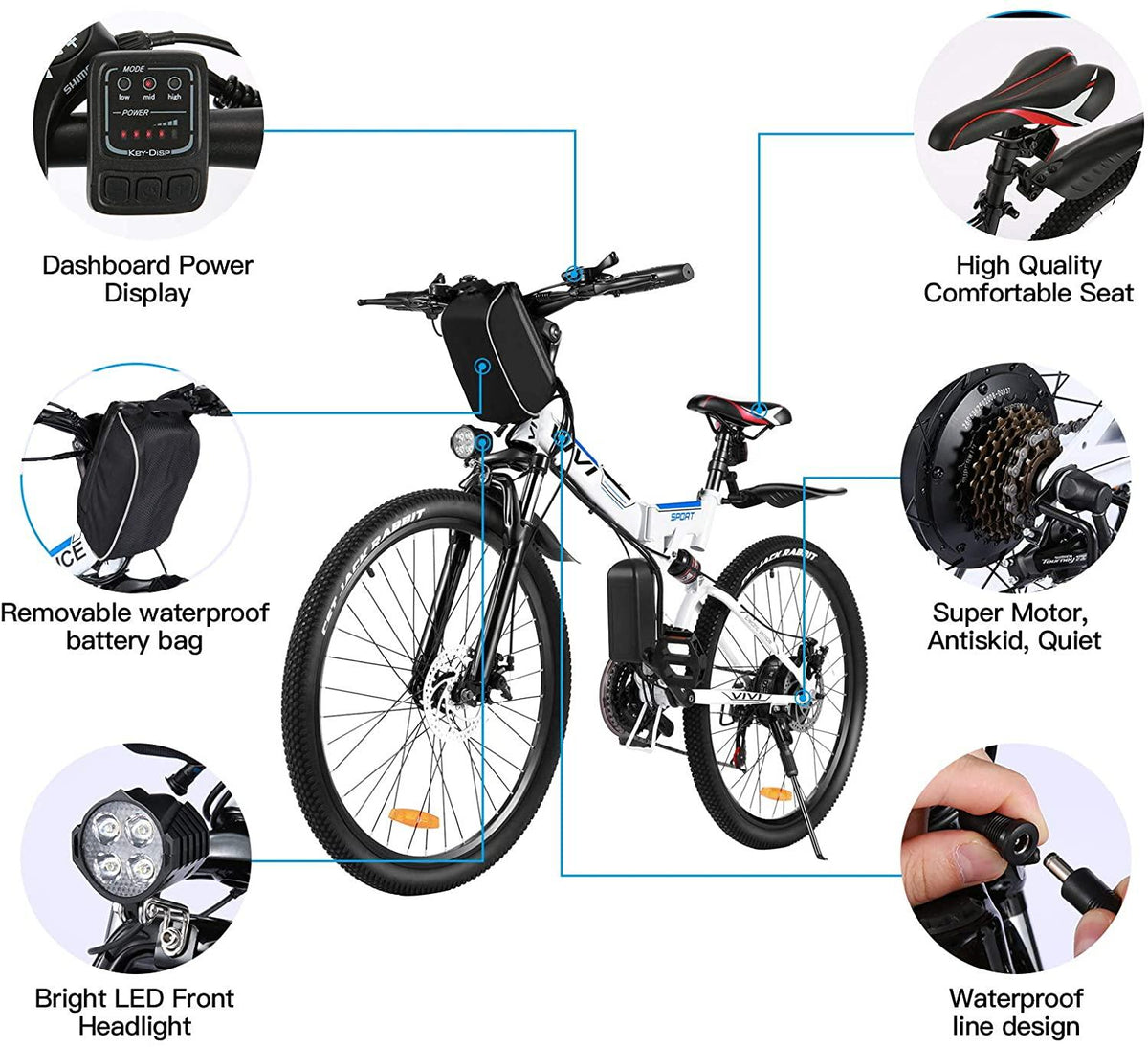 Electric Bike for Adults, VIVI Folding Electric Mountain Bicycle Adults 26 inch E-Bike 350W Motor Professional Shimano 21 Speed Gears with Removable36V 8Ah Lithium-Ion Battery