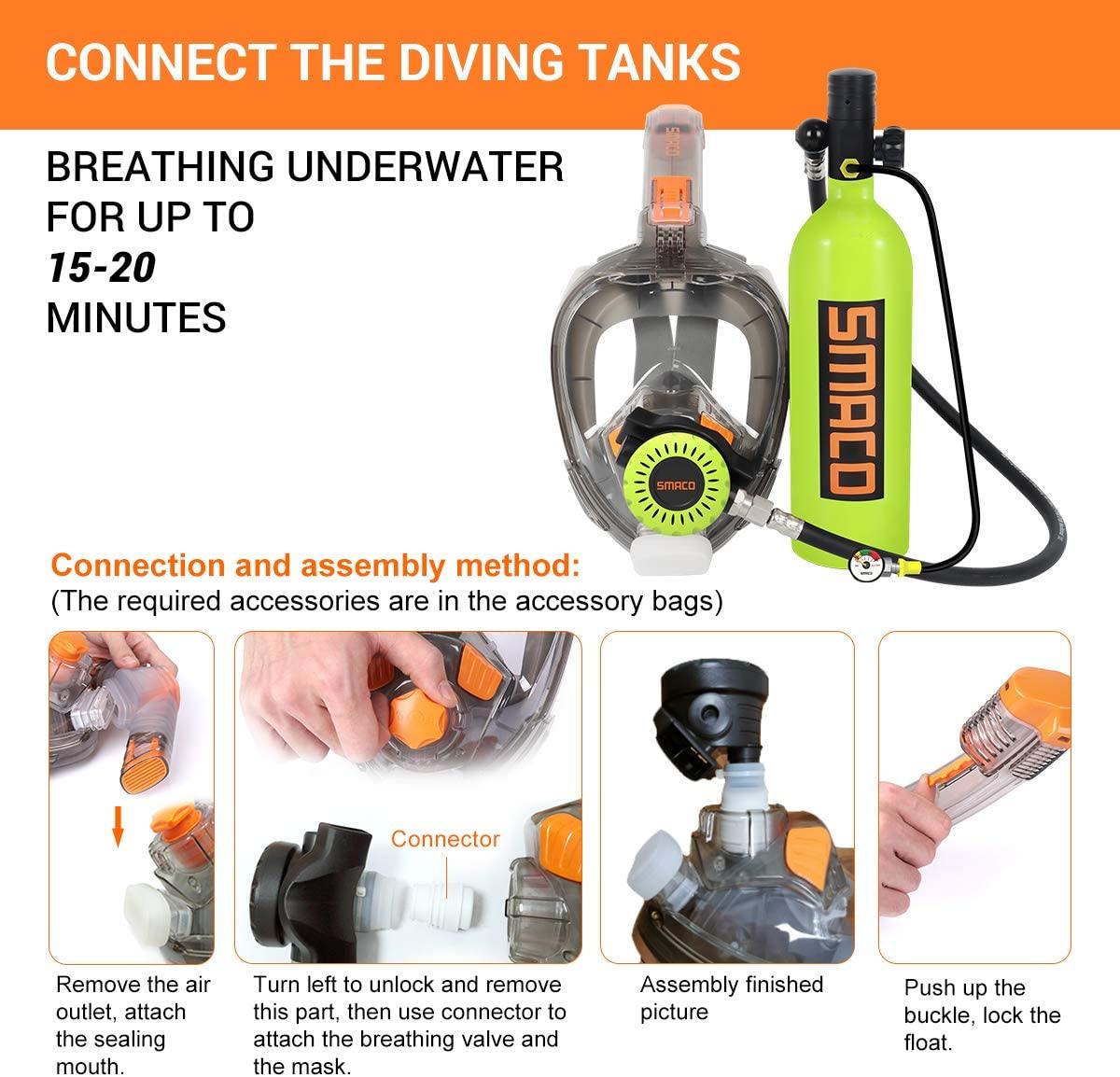 SMACO Scuba Tank & Snorkel Mask Diving Gear for Diver Mini Diving Tank Oxygen Cylinder with 15-20 Minutes Capability Diving Oxygen Underwater Breathing Device 1L S400 Pro
