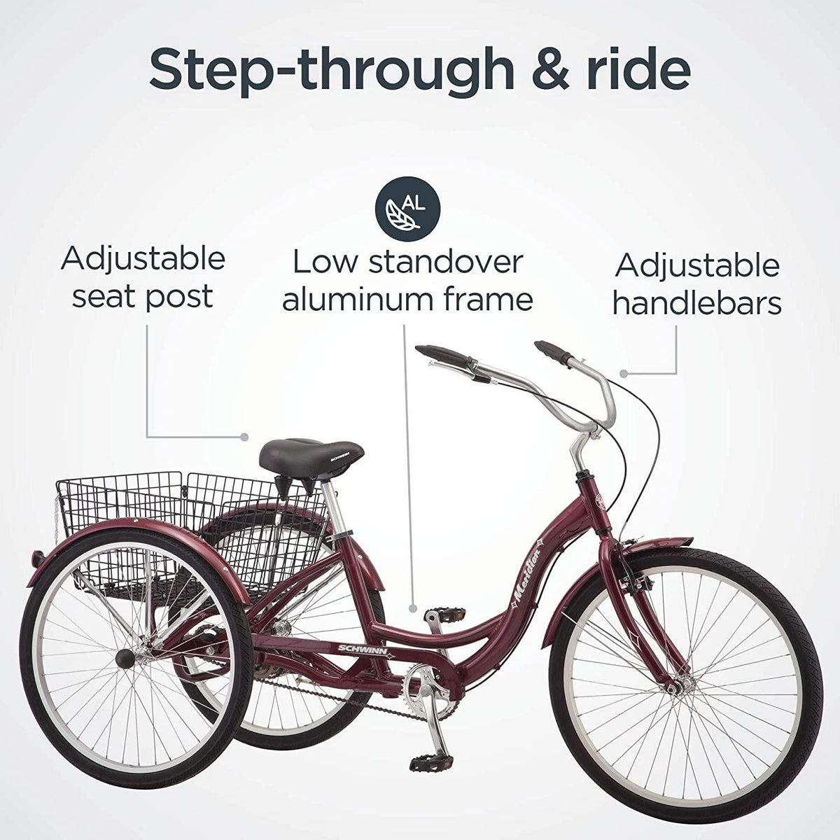 Schwinn Meridian Adult Trike, Three Wheel Cruiser Bike, Multiple Speeds, 26-Inch Wheels, Cargo Basket, Multiple Colors