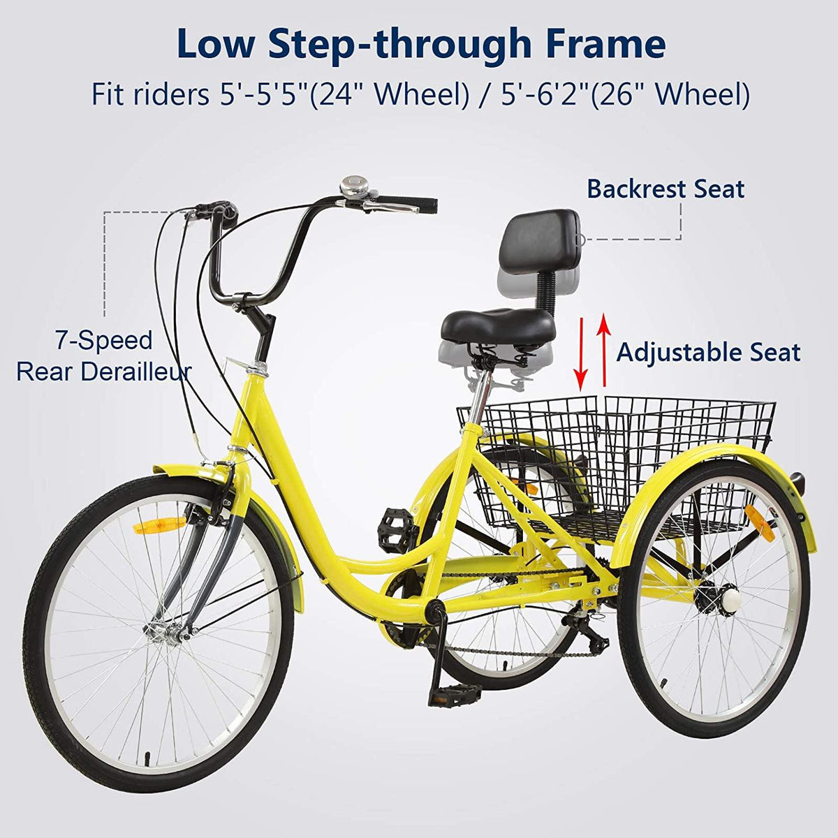 Ey Adult Tricycle, 3 Wheel Bike Adult, Three Wheel Cruiser Bike 24 26 inch Wheels, 7 Speed, Adjustable Seat and Handlebar, Multiple Colors