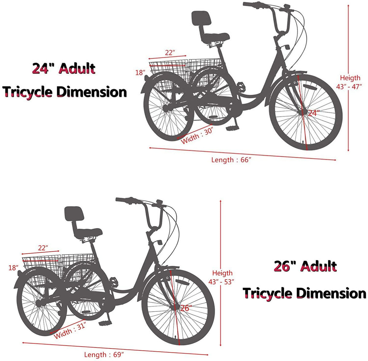 Ey Adult Tricycle, 3 Wheel Bike Adult, Three Wheel Cruiser Bike 24 26 inch Wheels, 7 Speed, Adjustable Seat and Handlebar, Multiple Colors