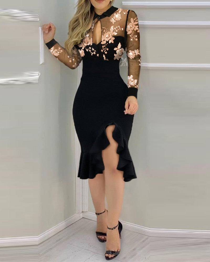 Slit Ruffles Hem Embroidery Lace Floral Pattern Long Sleeve Slimming Dress Sexy Elegant Casual Party dress