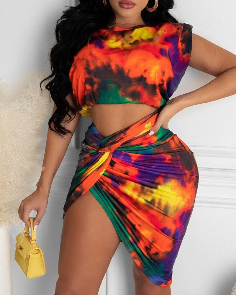 Tie Dye Print Tank Top & Twisted Skirt Set