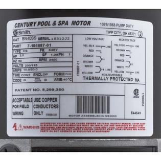 Motor, Century, 2.0 Horsepower, 115v/230v, 1 Speed, 48 Frame