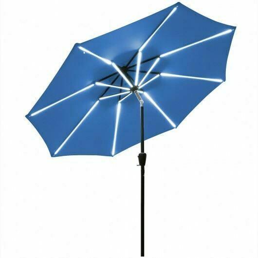 Durable 9' Solar LED Market Umbrella w/Aluminum Crank Tilt 16 Strip Lights-Blue