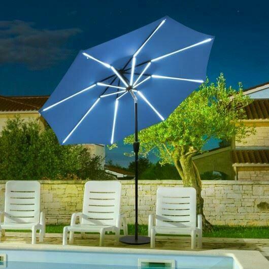 Durable 9' Solar LED Market Umbrella w/Aluminum Crank Tilt 16 Strip Lights-Blue