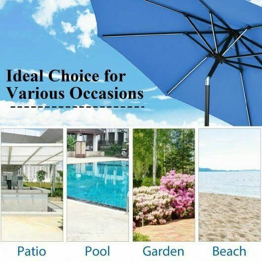 Durable 9' Solar LED Market Umbrella w/Aluminum Crank Tilt 16 Strip Lights-Blue