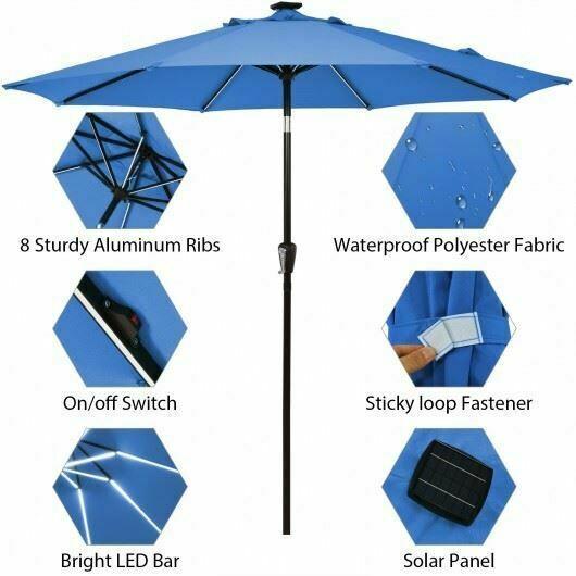 Durable 9' Solar LED Market Umbrella w/Aluminum Crank Tilt 16 Strip Lights-Blue