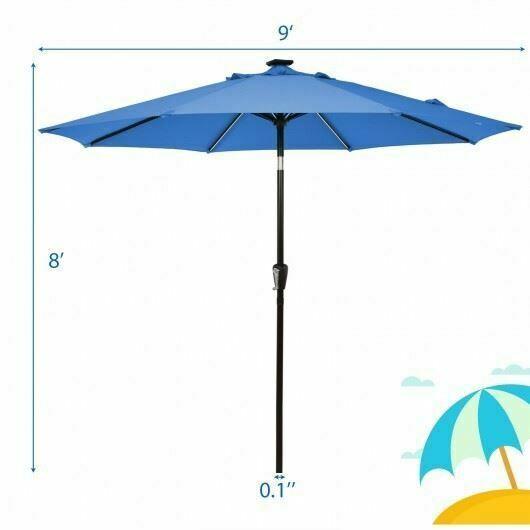 Durable 9' Solar LED Market Umbrella w/Aluminum Crank Tilt 16 Strip Lights-Blue