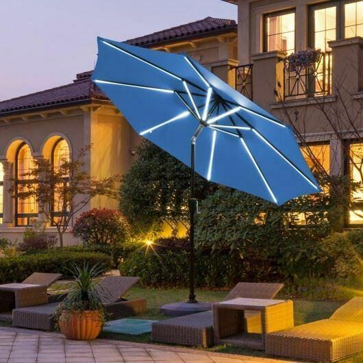 Durable 9' Solar LED Market Umbrella w/Aluminum Crank Tilt 16 Strip Lights-Blue