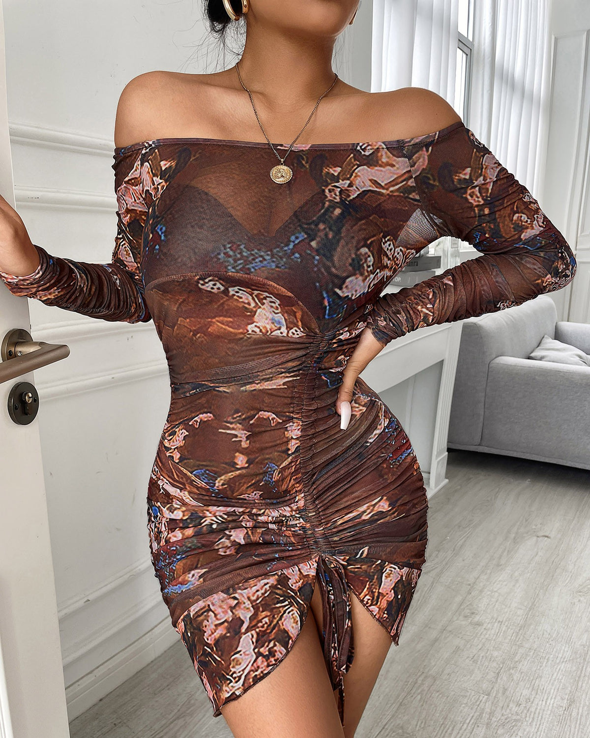 Floral Print See Through Drawstring Ruched Bodycon Dress