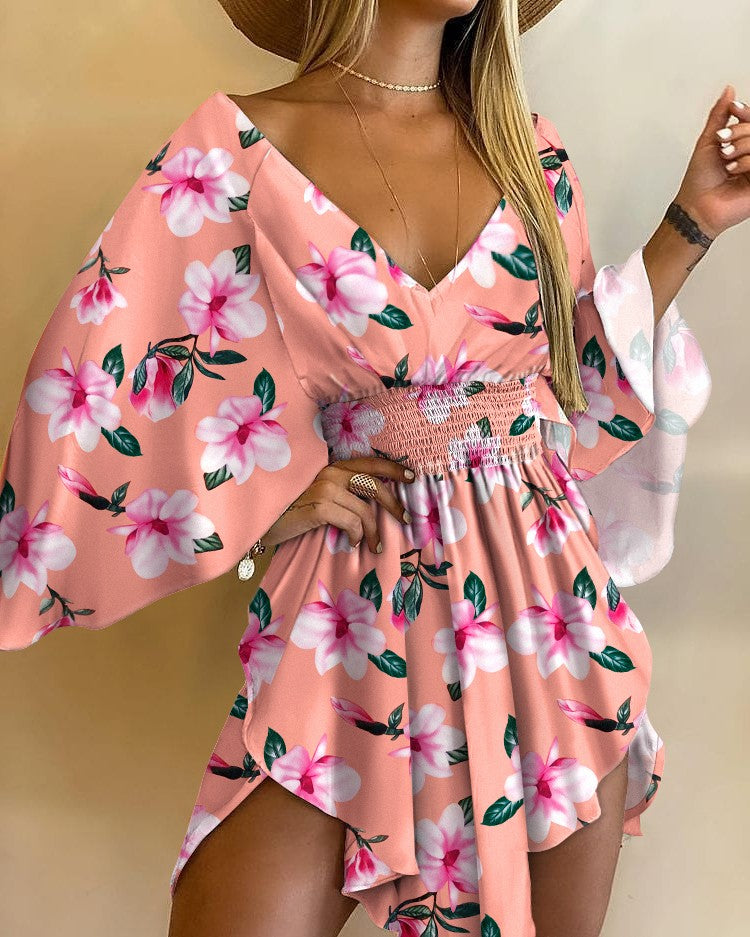 Floral Print V-Neck Batwing Sleeve Shirred Waist Mini Dress