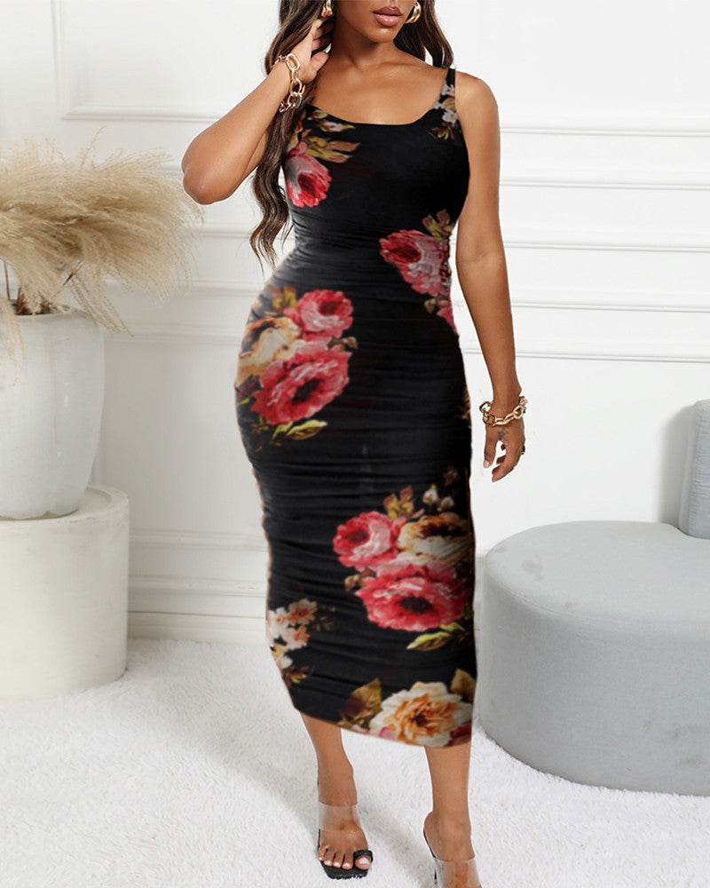 Floral Print Sleeveless Top & Ruche Skirt Sets