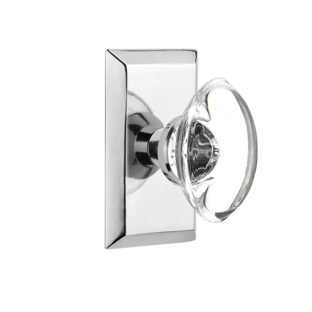 Studio Plate 2-3/8 in. Backset Bright Chrome Privacy Bed/Bath Oval Clear Crystal Glass Door Knob