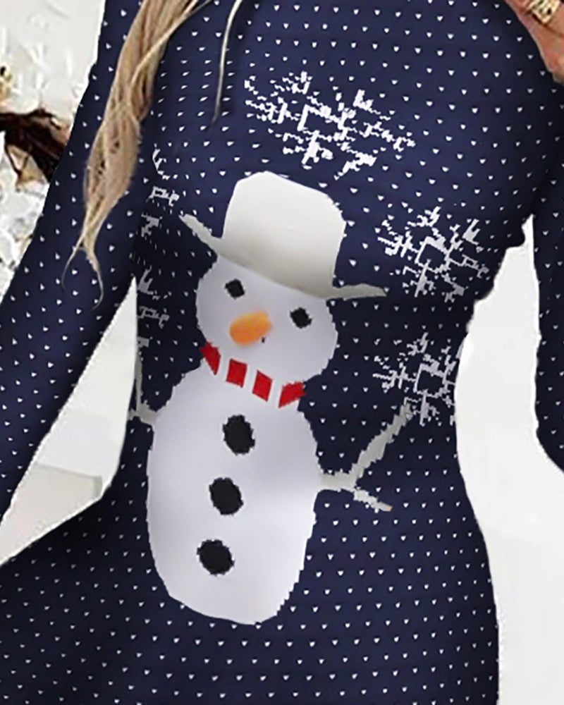 Christmas Moose Snan Print Long Sleeve Dress