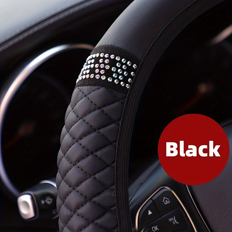 Car Pu Leather Steering Wheel Cover, 14.57-14.96inch Artificial Diamond, Steering Wheel Cover