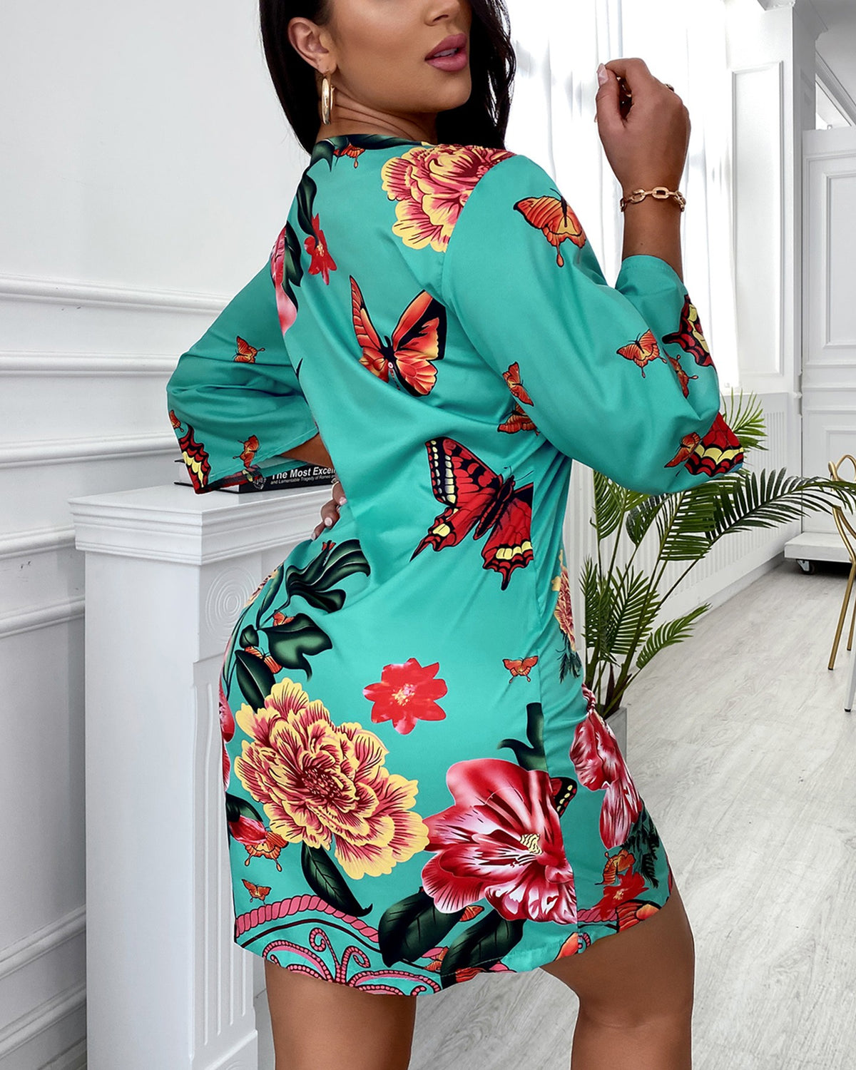 Half Sleeve Butterfly Floral Print Dress