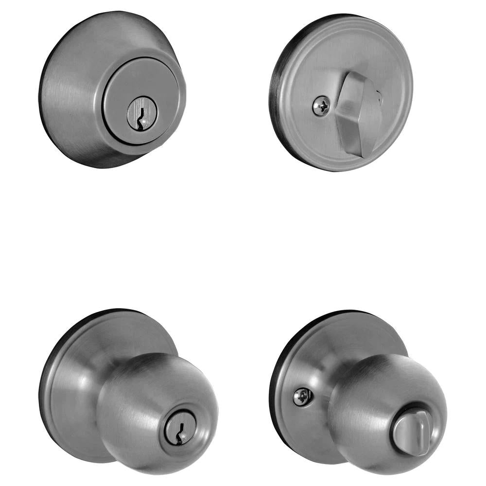 Satin  Steel Single Cylinder Deadbolt and Morrow Entry Door Knob Combo Pack