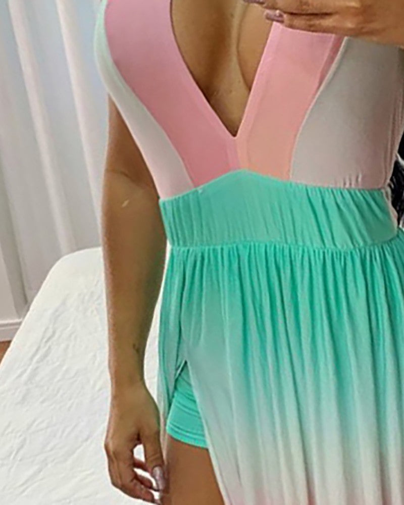 Color High Slit Ruched Plunge Maxi Dress