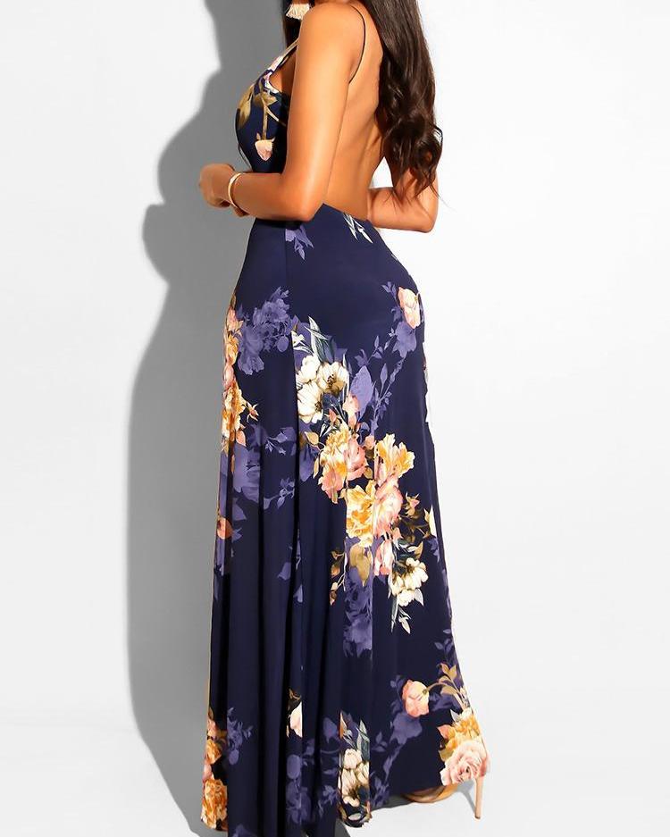 Floral Print Deep V-neck Romper Maxi Dress