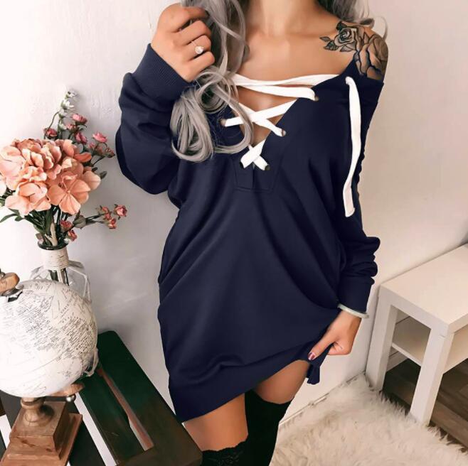 Women's Clothing - 2021 Sexy Deep V Neck Lace-up Pocket Casual Sweatshirt