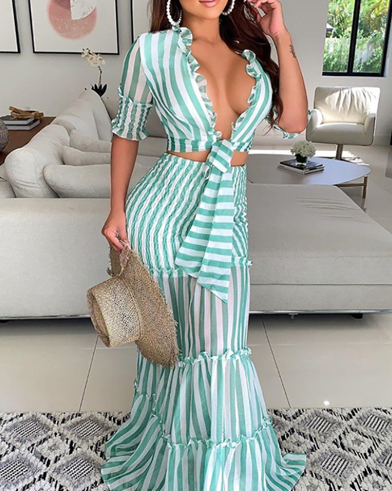 Striped Print Deep V Neck Maxi Bodycon Women Dress