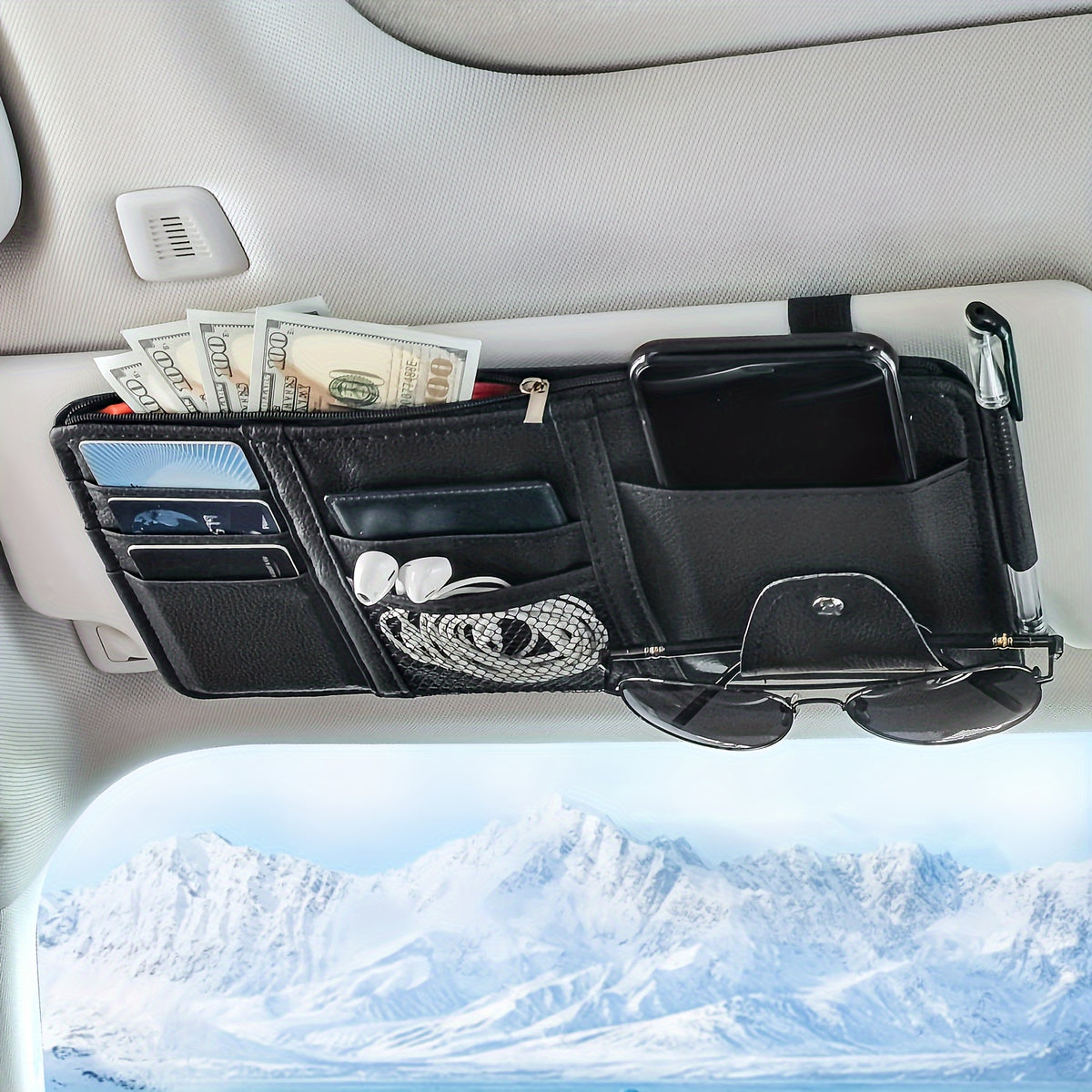 Car Sun Visor Organizer, Car Glasses Clip StoraPocket Sunglasses Holder With Zipper Pocket For Car, Truck, SUV Auto Interior Accessories